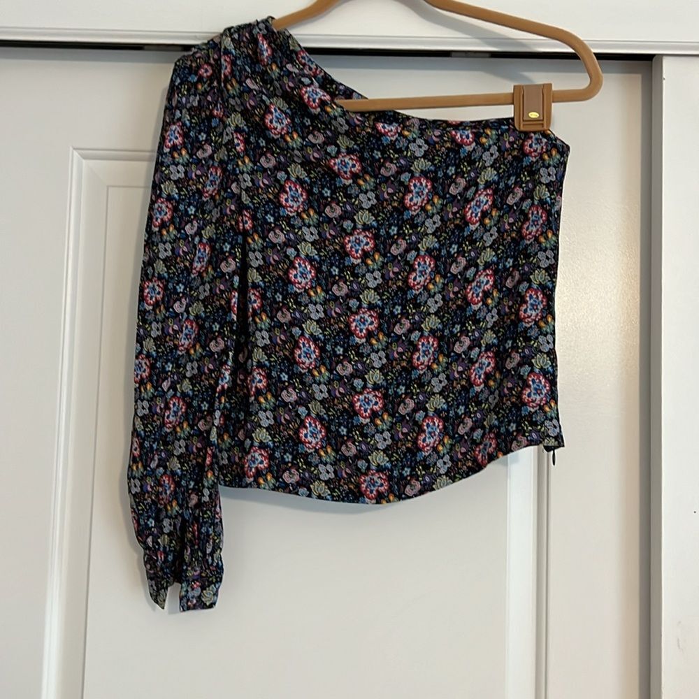 Frame Denim Sz. S, Floral One Shoulder Top Blouse Puff Sleeve Coastal Blue Multi - Picture 7 of 13